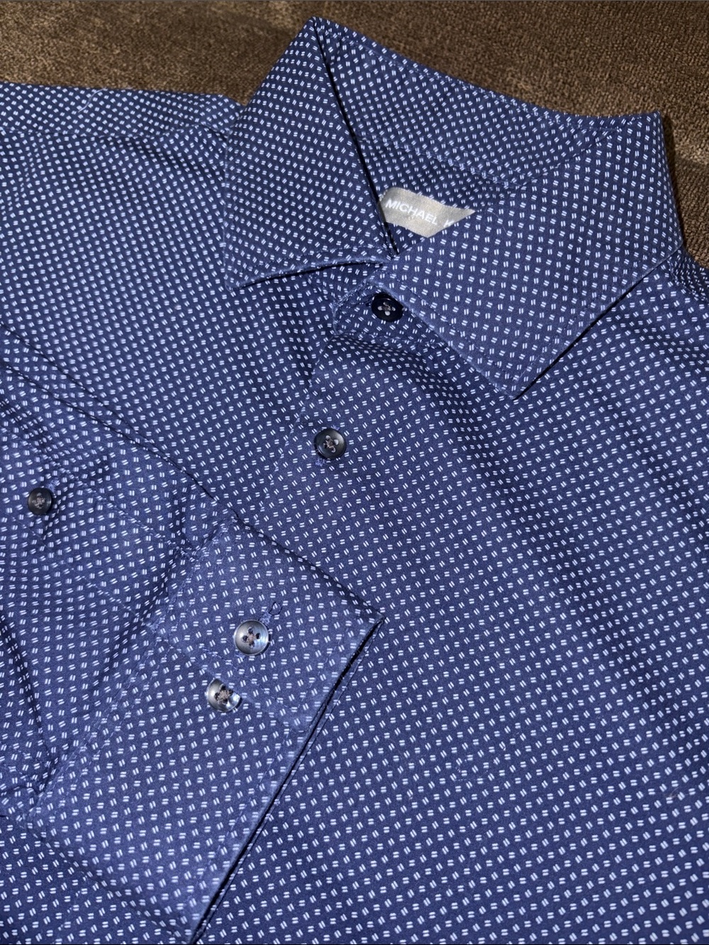 Michael Kors Men's Slim Fit Airsoft Stretch Navy Microdot Dress Shirt, Size L